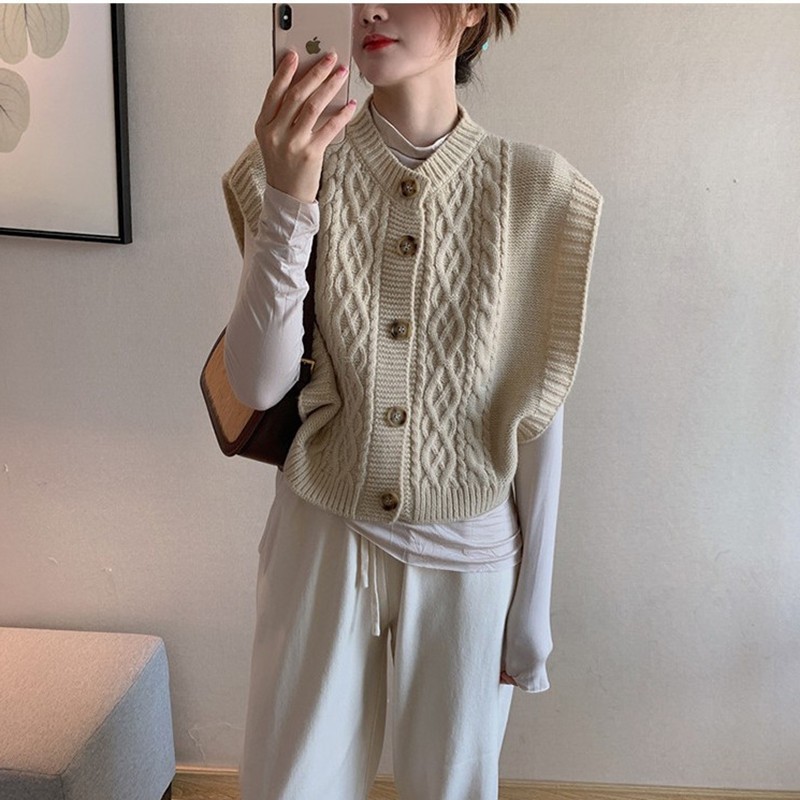 Winter Clothing Korean - Rompi kardigan rajut berkancing, pakaian luar