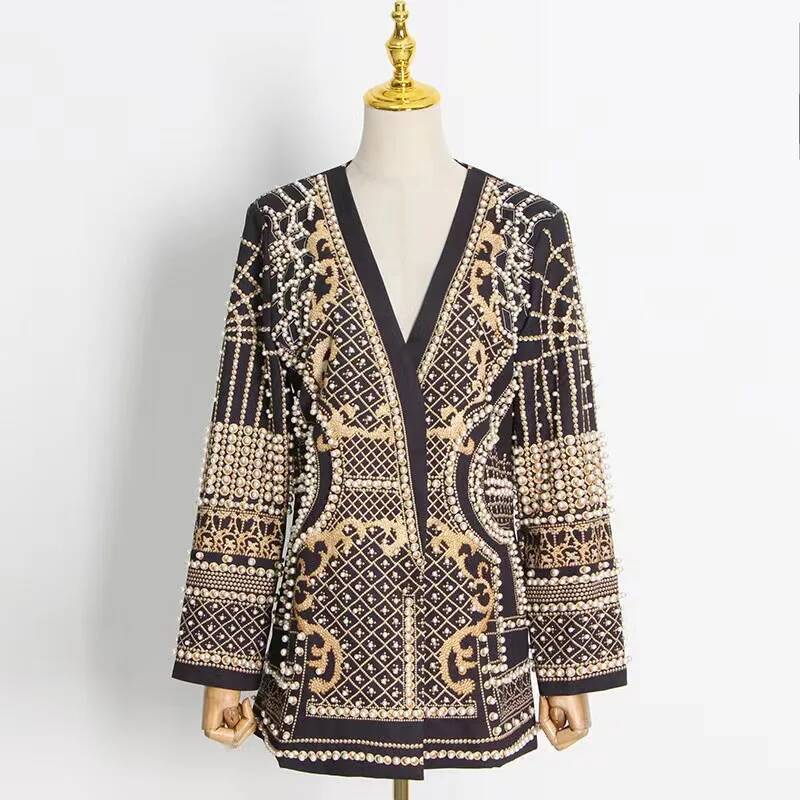 Winter Clothing Taiwan - Jas Wanita Model V-Neck Berhias Manik-Manik,